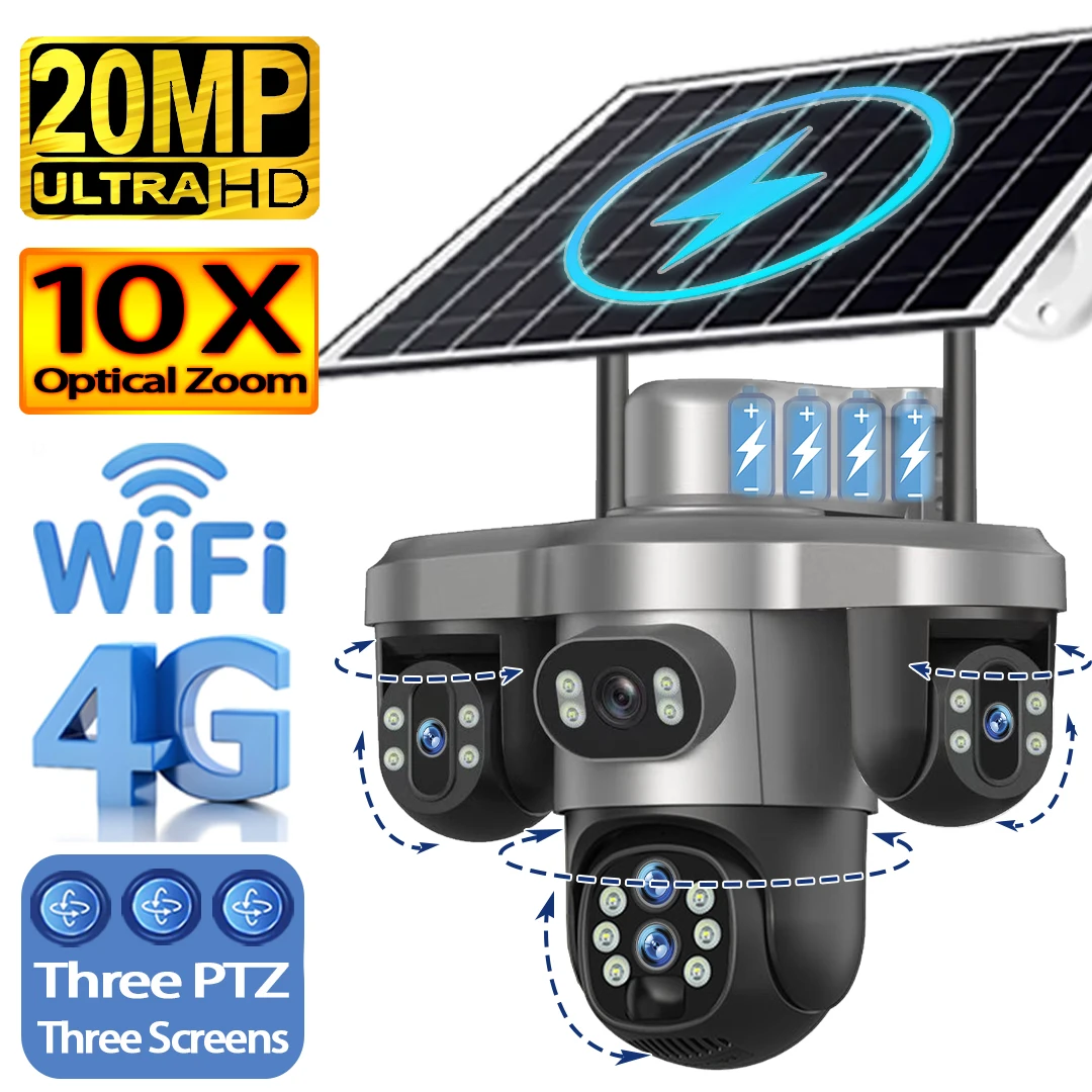 10X زووم بصري 20MP 4G Sim / WiFi كاميرا تعمل بالطاقة الشمسية في الهواء الطلق 3 شاشات CCTV 3-PTZ 360 °   كاميرات مراقبة IP للتتبع التلقائي V380