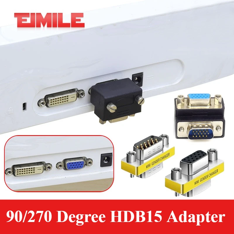 90/270 Degree DB15 Adapter Computer Monitor Projector Connector VGA Male to Male to Female convert 3 Rows 15 Pin Elbow Connector