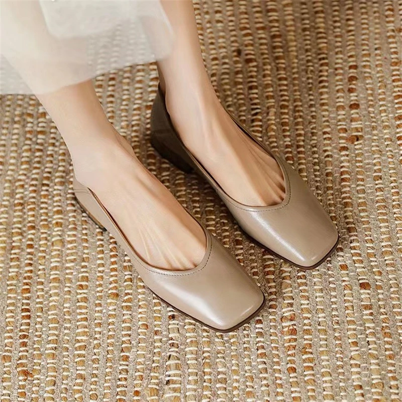 Autumn Woman Elegant Square Toe Concise Shoe 4CM High Heels Female Shallow Mouth Mary Jane Shoes Brown Women Comfortable Loafers