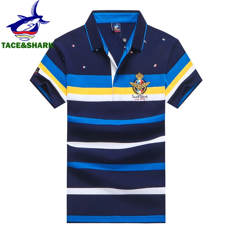 TACE&SHARK Fashion Stripe Shark Embroidery Polo Shirt Summer Men Business Shark Polos Tops Mens Casual Slim Fit Clothing