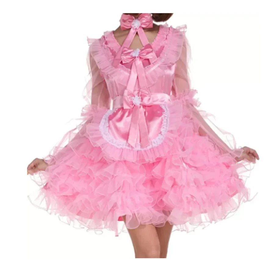 

Hot Sale New Lockable Sissy Cute Sexy Maid Pink Neckline Heart Shaped Layered Puff Dress Cosplay Customized Charm