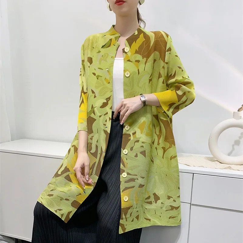 

2024 Spring Summer Pleats Pleated Top Women's Mid-Length Printed Toothpick Pleated Seven-Point Sleeve Loose Large Size Thin