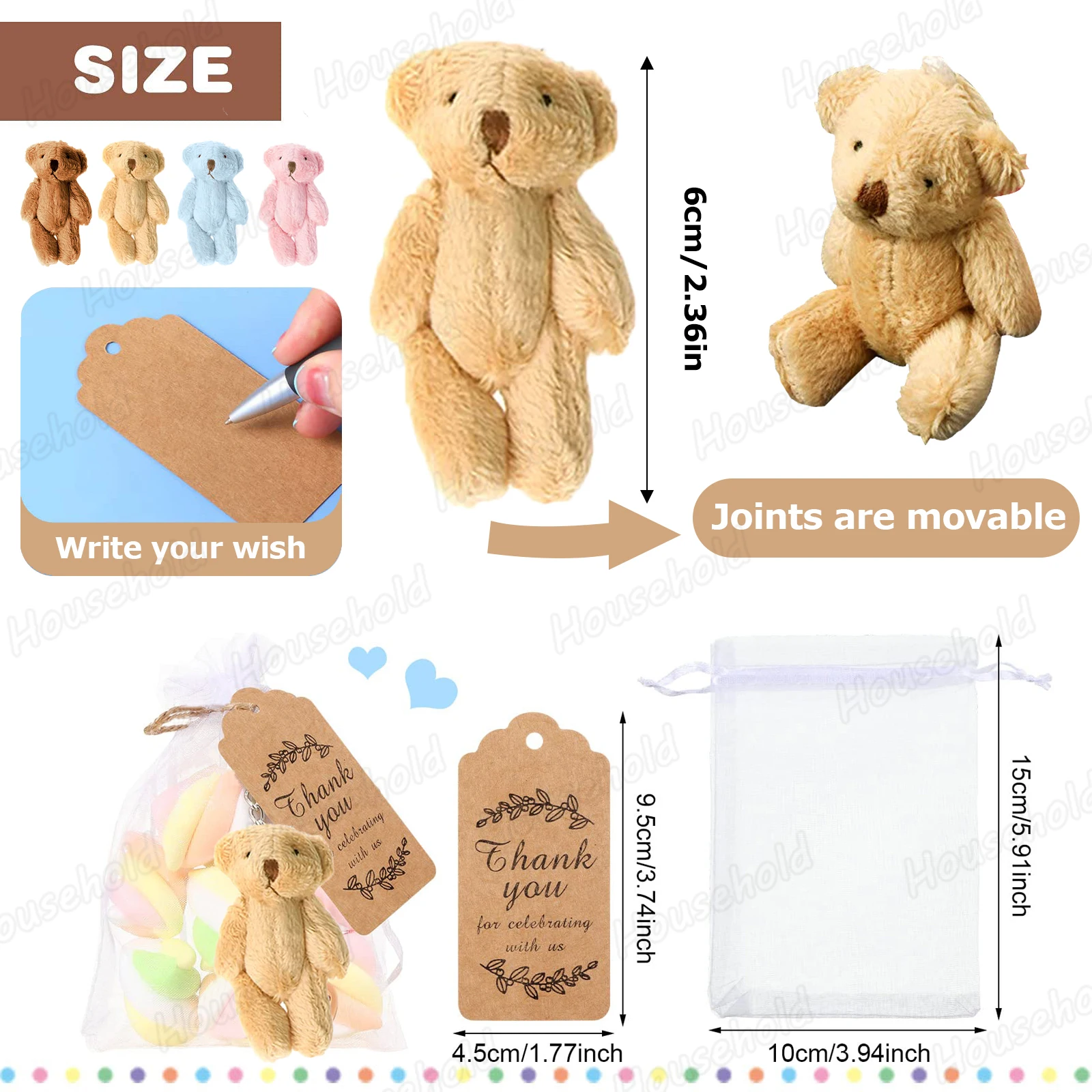 10-150Set Mini Bear Baby Shower Party Favors 6cm Joint Stuffed Small Bears Bear Keychain for Birthday Cake Wedding Mini Gifts view 6