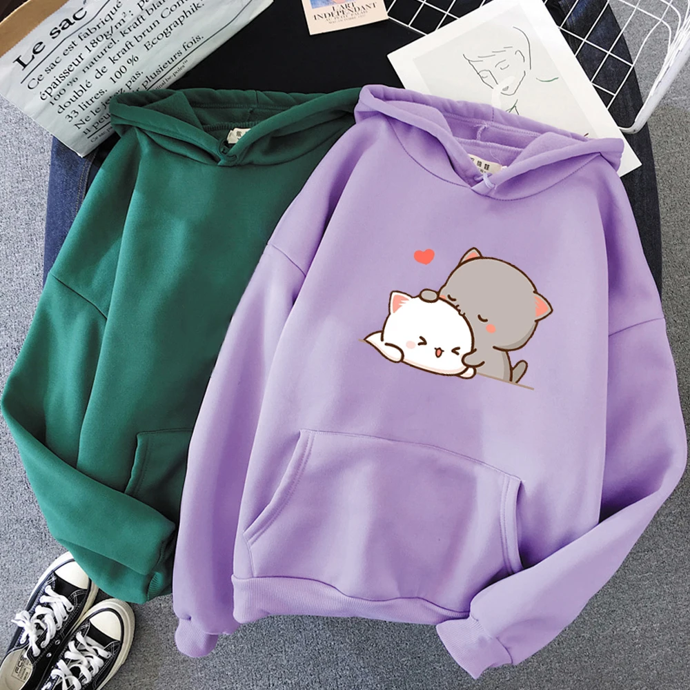 Peach Cat Kawaii Clothing Aesthetic Hoodie 2021 Cute Pink Tops Oversized Sweatshirt Women Cartoon Print Unisex Warm Streetwear