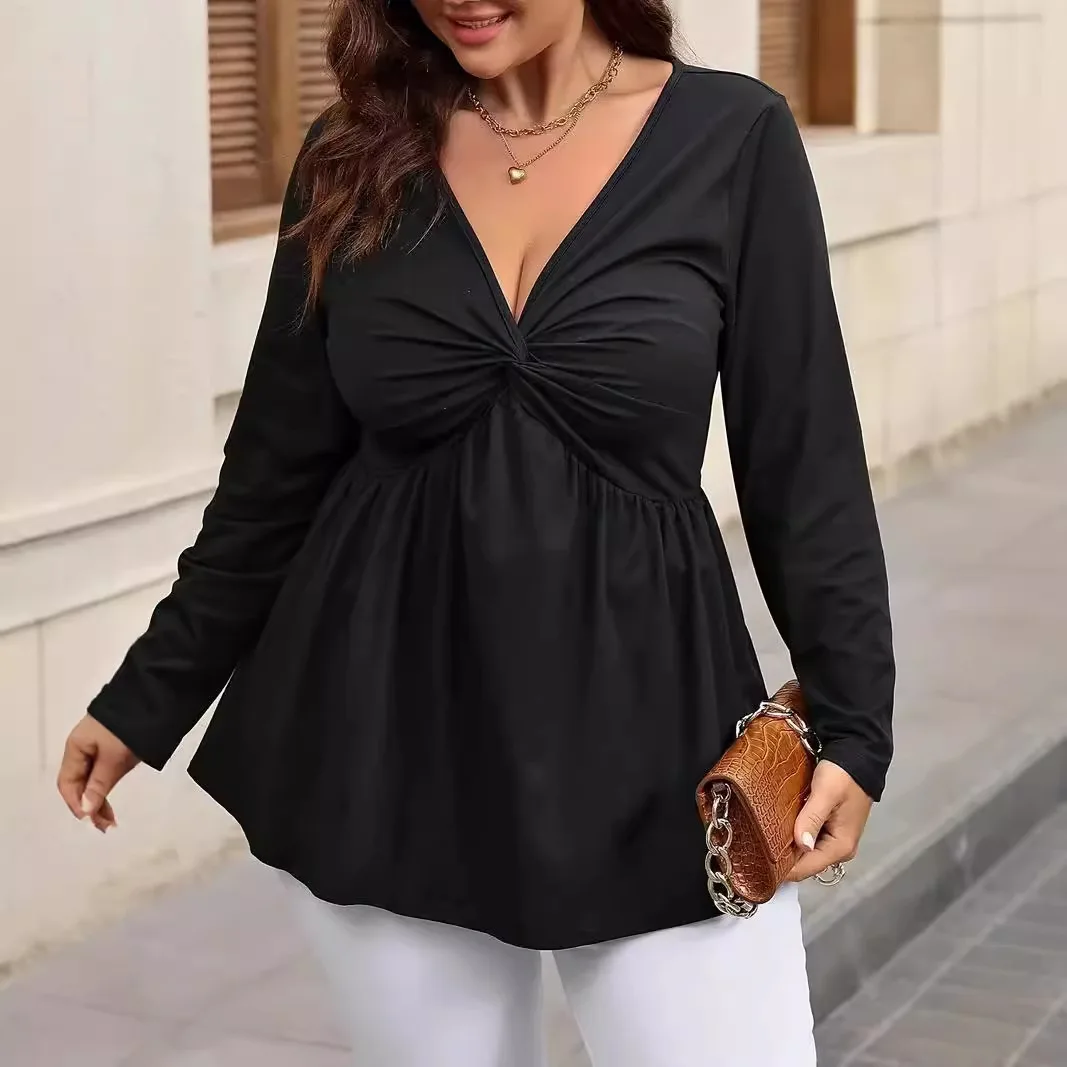 

Plus Size Long Sleeve Solid Shirt Black Women V Neck Oversized T Shirts for Women Autumn Spring Winter