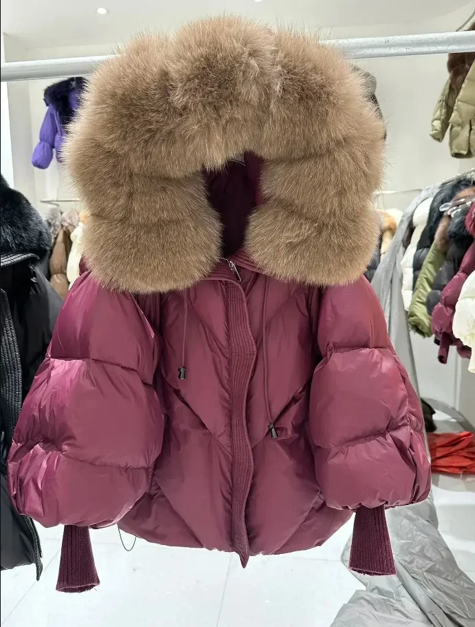 Abrigo de plumón de pato blanco de piel grande para mujer, chaqueta acolchada con capucha de piel auténtica, Parka gruesa y cálida de manga de punto, novedad de invierno de 2026