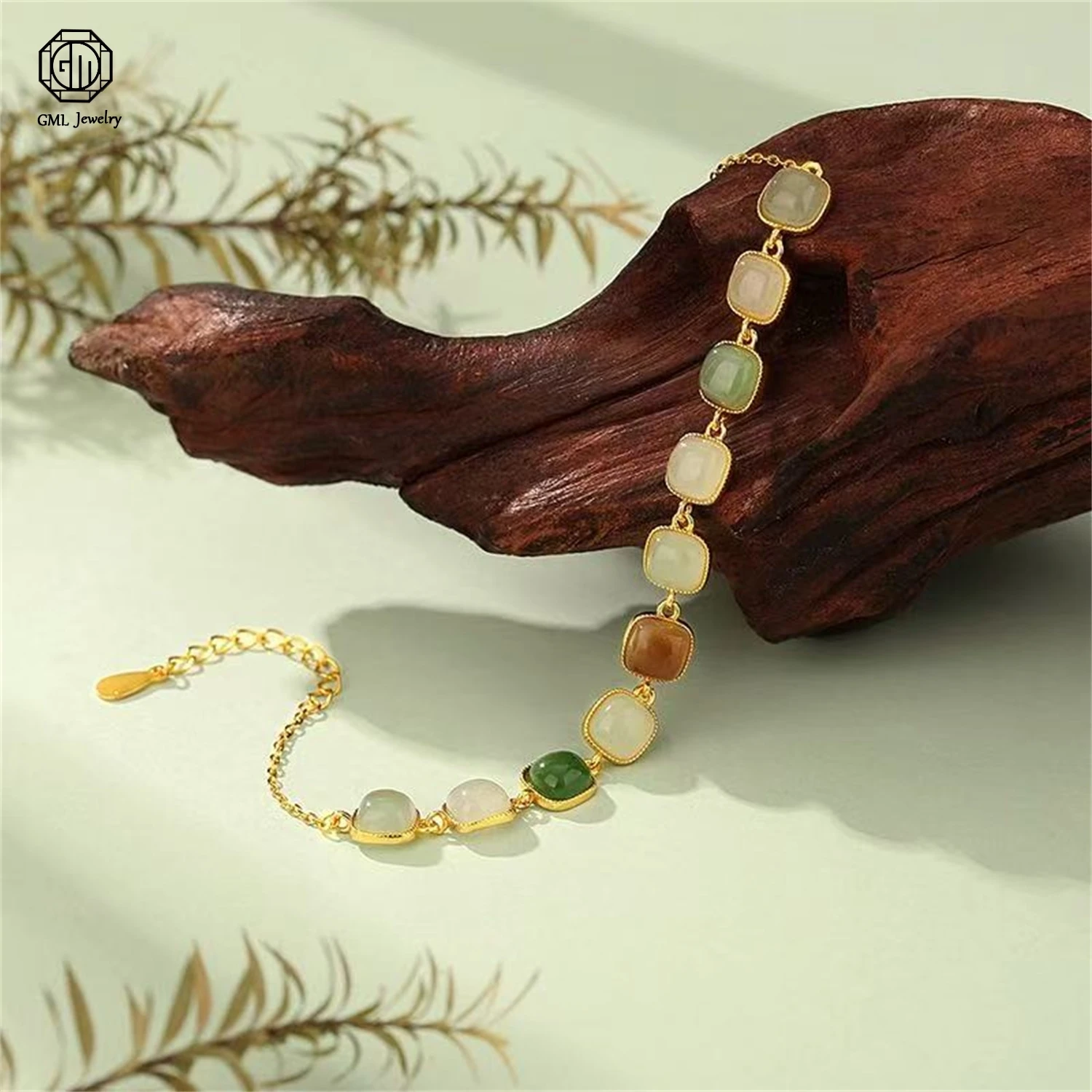 Natural Hetian Jade Multi Treasure Small Square Sugar Cube Beaded Bracelet Women Neo Chinese High End Jewelry Gift
