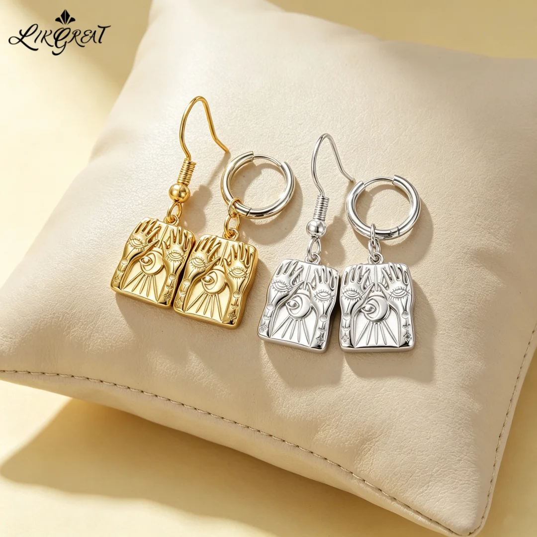 Retro Tarot Mystic Hand Evil Eye Moon Square Dangle Earrings Vintage Drop Earrings Stainless Steel Spiritual Amulet Jewelry Gift