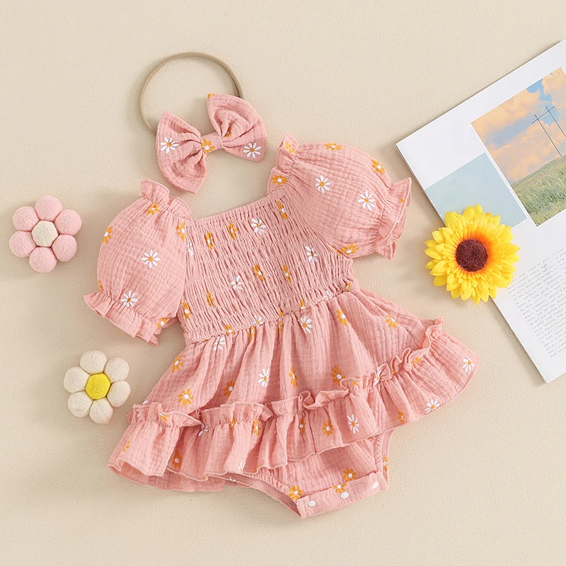 Baby Girls Daisy Romper Dress Short Sleeve Bodysuit Floral Jumpsuit with Headband Newborn Summer Outfit