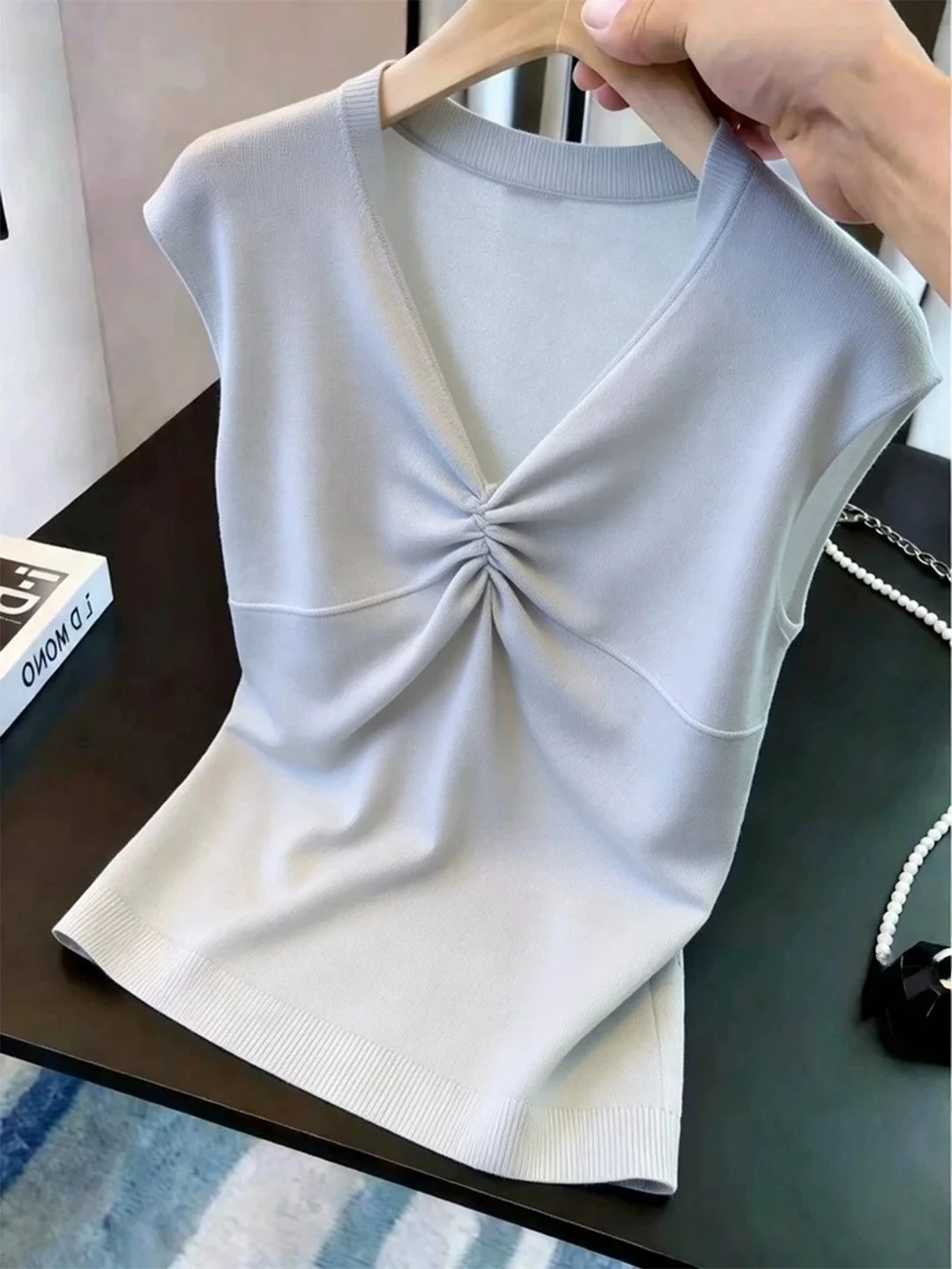 Korean Style Casual Simple Ice Silk Knitted Top V-Neck Summer Design Trendy Small Audience Short Sleeve Straight Cut Shirt
