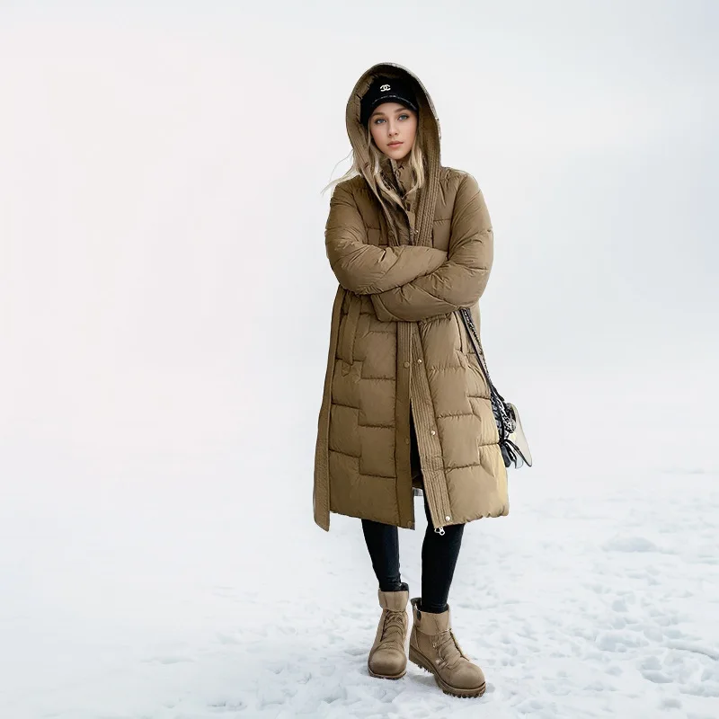 Damska zimowa parka z paskiem, jednolity kolor, patchworkowy kołnierz stójkowy, taliowana, płaszcz damski, płaszcz modelujący sylwetkę dla kobiet.