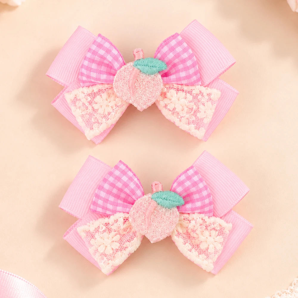 2Pcs Girls Bow Hair Clip Pink Gingham Lace Peach Hairpin Pair Toddler Kids Hair Accessories Birthday Party Photo Prop