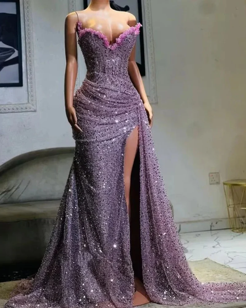 

2026 Современные светло-фиолетовые вечерние платья с высоким разрезом, кружевные платья для выпускного вечера с сердечком и русалкой, элегантные платья на свадьбу