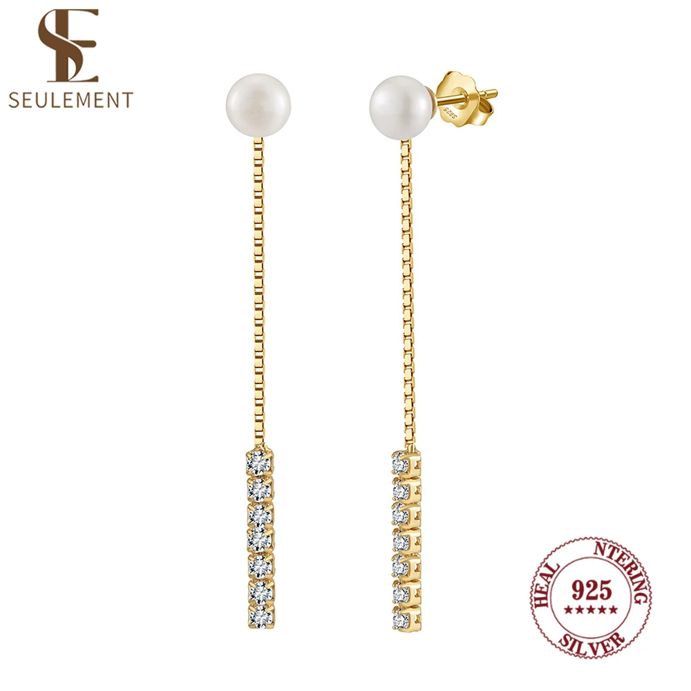 

Seulement Long Tassel Natural Freshwater Pearl Earrings for Women Luxury 925 Sterling Silver Zircon Dangle Earring Jewelry