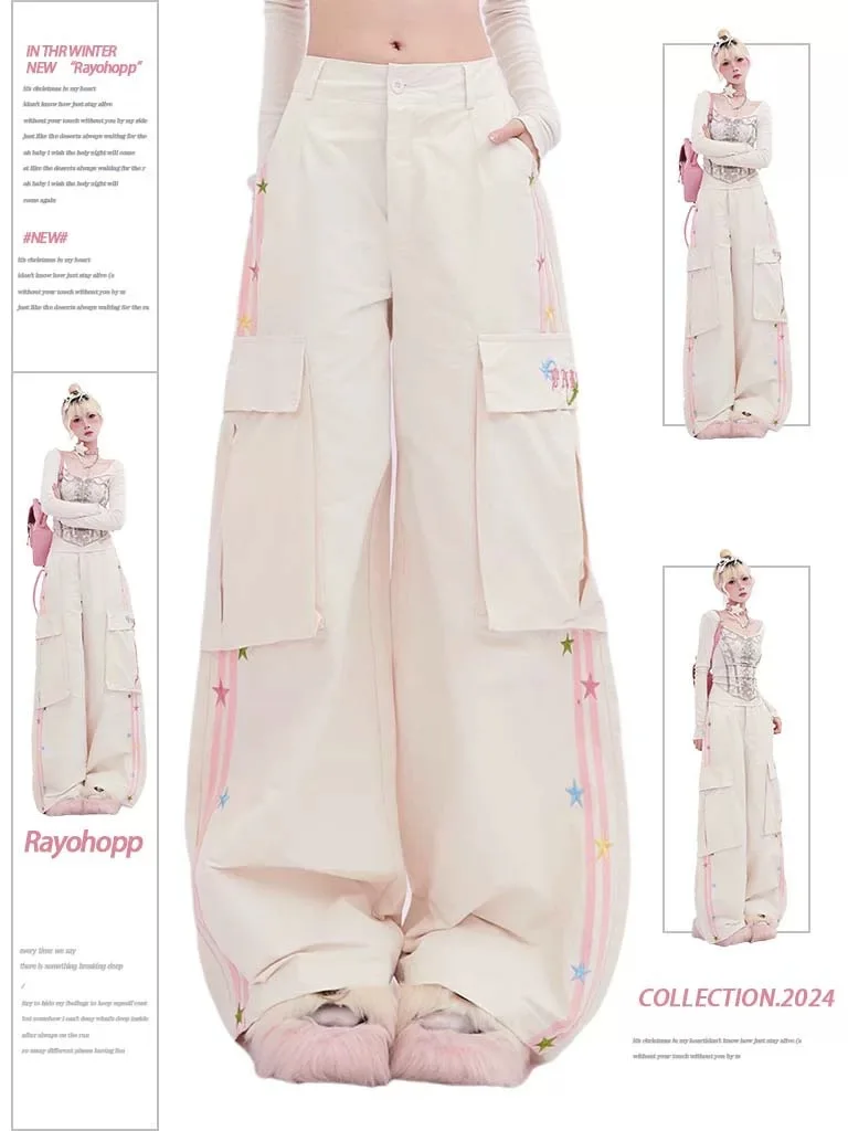 Cargo pants women's spring American street multi-pocket star embroidery design loose and versatile wide-leg pants