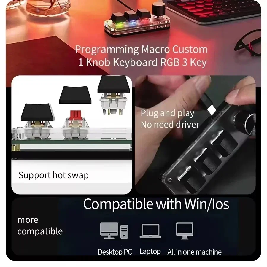 RGB 3 key Customize Wired Mini Keyboard Macro Knob Copy Paste Shortcut Key E-sports Game Mechanical Hot Swap Mini Keyboard