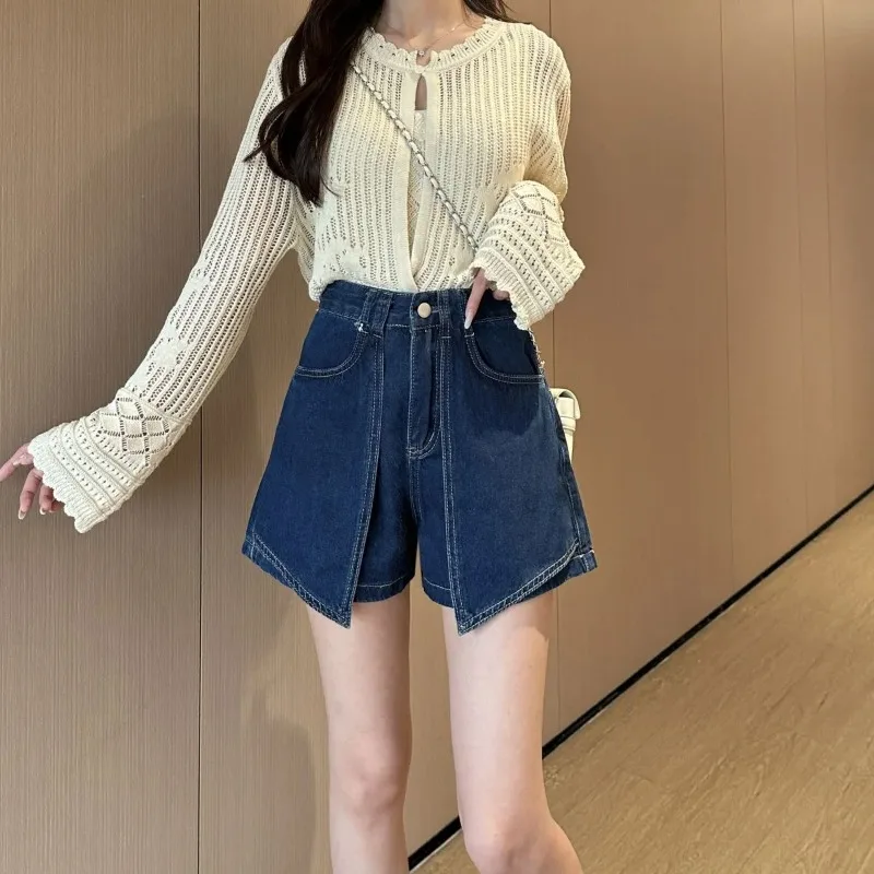 

Vintage High Waist Pockets Patchwork Denim Shorts Women's Clothing Fashion Irregular Summer A-line Wide Leg Casual Loose Shorts