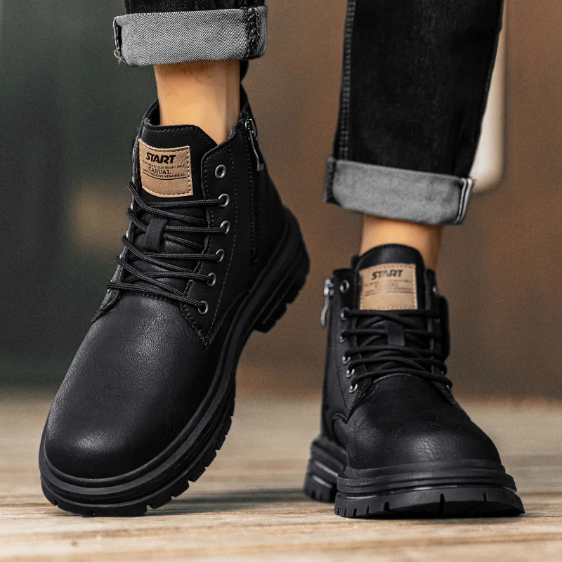 Top Shoes Brown Business Casual British Style Thick Sole Ankle Boots  Men Boots Genuine Leather Autumn Winter High Locomotive