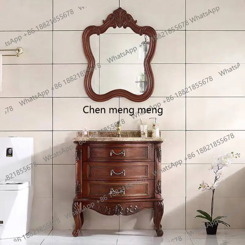 

European bathroom cabinet small apartment wash basin cabinet combination solid wood washing table marble countertop