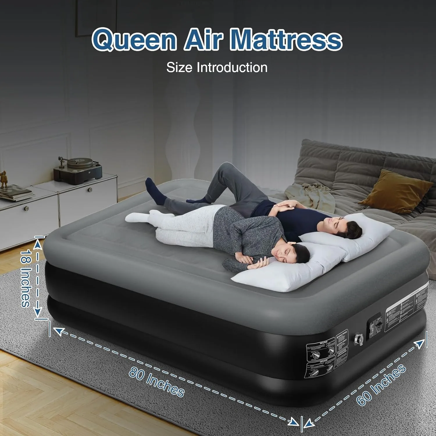 Queen Air Mattress with Built in Pump 18 Inch High Queen Air Mattress 1-3 Minutes Fast Self Inflating Air Mattress Black & Gray