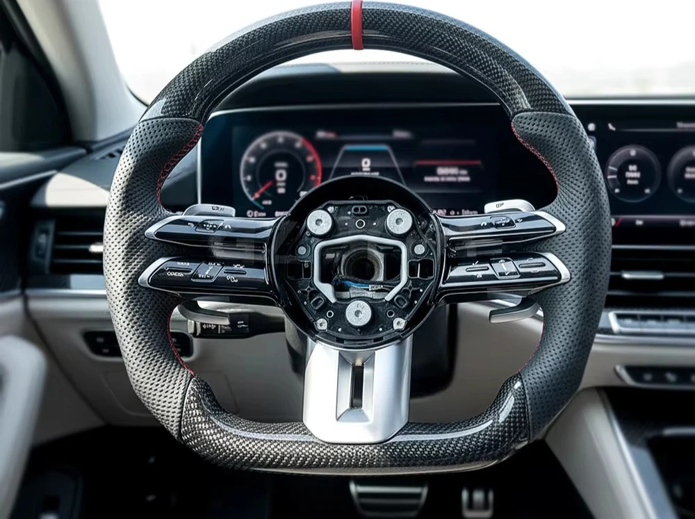 Red Stripe Carbon Fiber Perforated Leather Steering Wheel for Mercedes-AMG W213/W205/W176/W177/W222/X253/C253/W907/W906 Racing