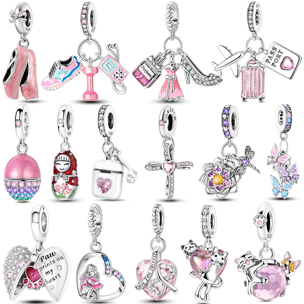 925 Sterling Silver Pink Series Charms Bead Matryoshka Doll Love Heart Music Pendants Fit Original Bracelet DIY Women Gift