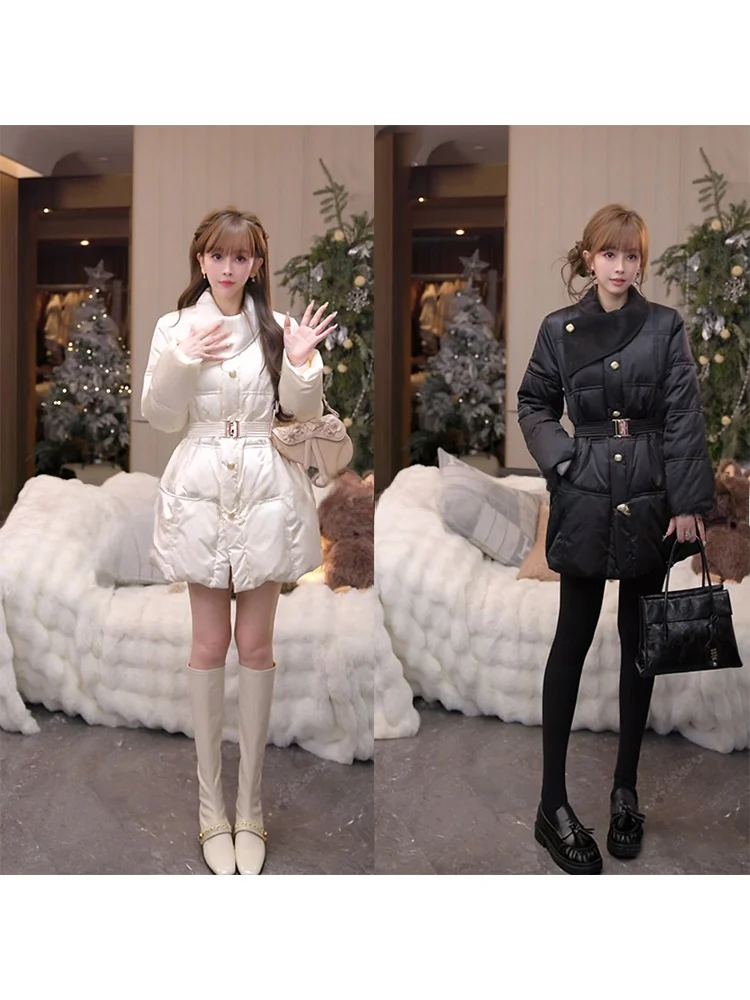 

Mimius Ele Design down Jaet Waist-Cinching Medium-Length White Du Feather Warm Coat for Women Traceable Tee-Star Qu...