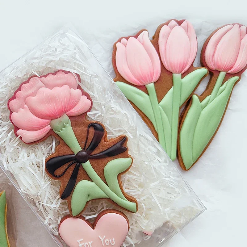 Mother\'s Day Frosting Cookie Embosser Mould Carnation Flower Cookie Thanksgiving Teachers Day Tulip Pattern Biscuit Cutters Mold