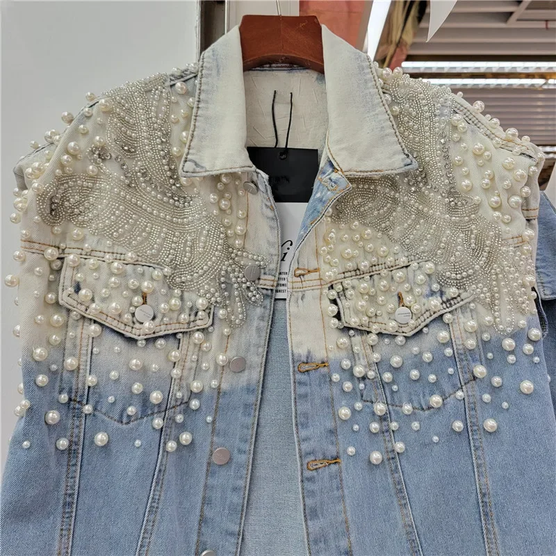 

Heavy Work Beading Pearl Denim Vest Women Loose Casual Cowboy Waistcoat Tie Dye Contrast Color Sleeveless Jeans Jacket Female