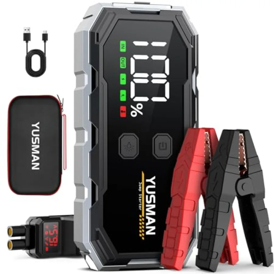 Portable 12V Car Jump Starter with 6000A Peak Current and 8.0 Gas/6.0L Diesel Compatibility Features Smart Extended Cables Quic