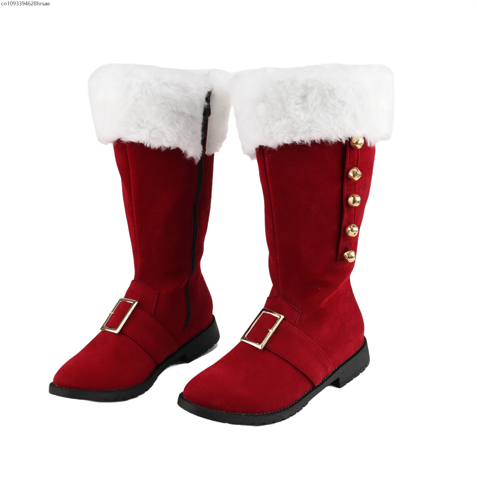 Bottes de noël pour hommes, bottes de Combat à mollet large, chaussures de Cosplay avec poignets en peluche blancs, pied pour Costume d'halloween et de noël