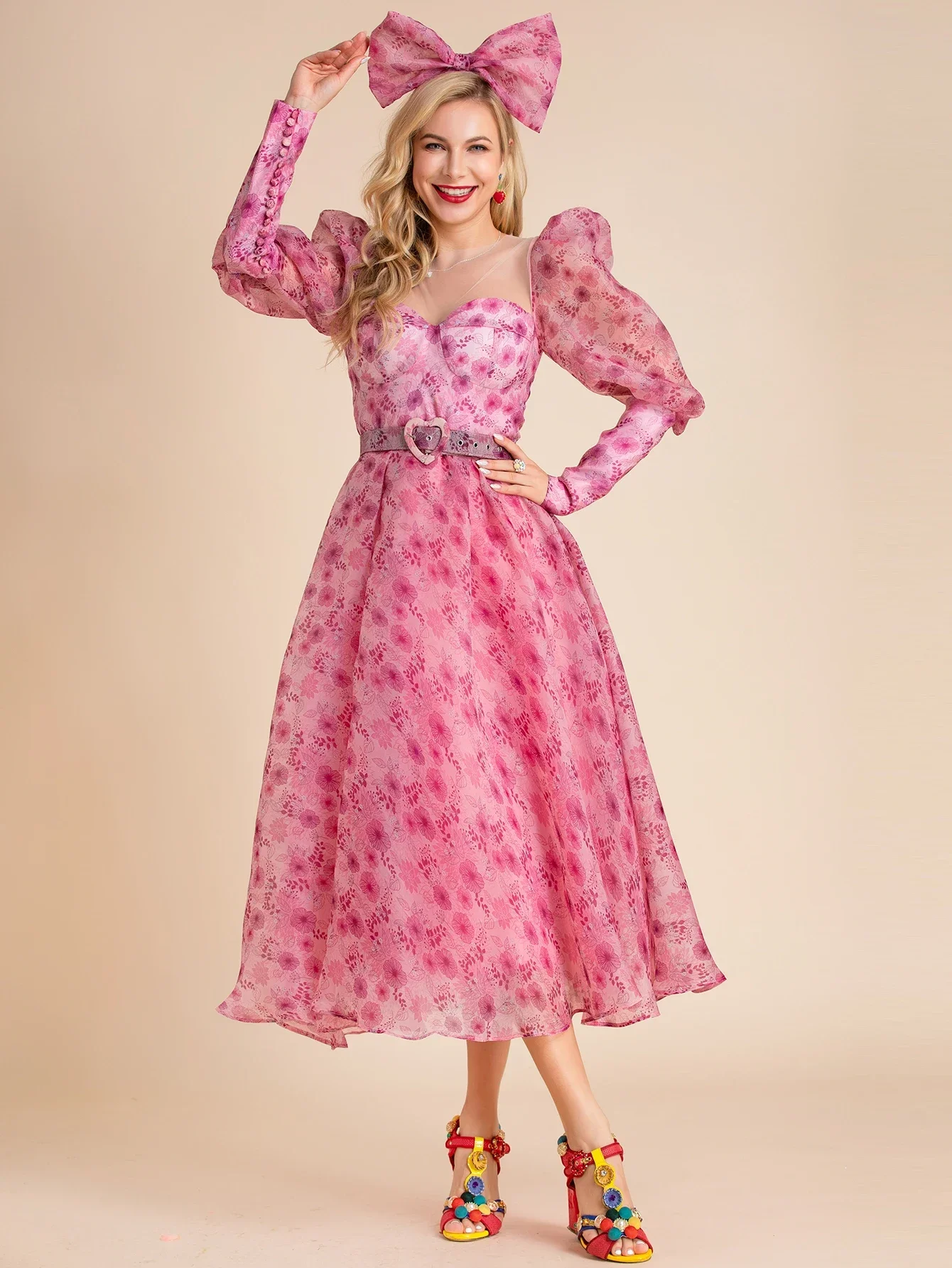 LD LINDA DELLA Fashion Designer Summer Pink Dress Women's Puff sleeve Sashes Floral print Elegant Holiday Midi Dress