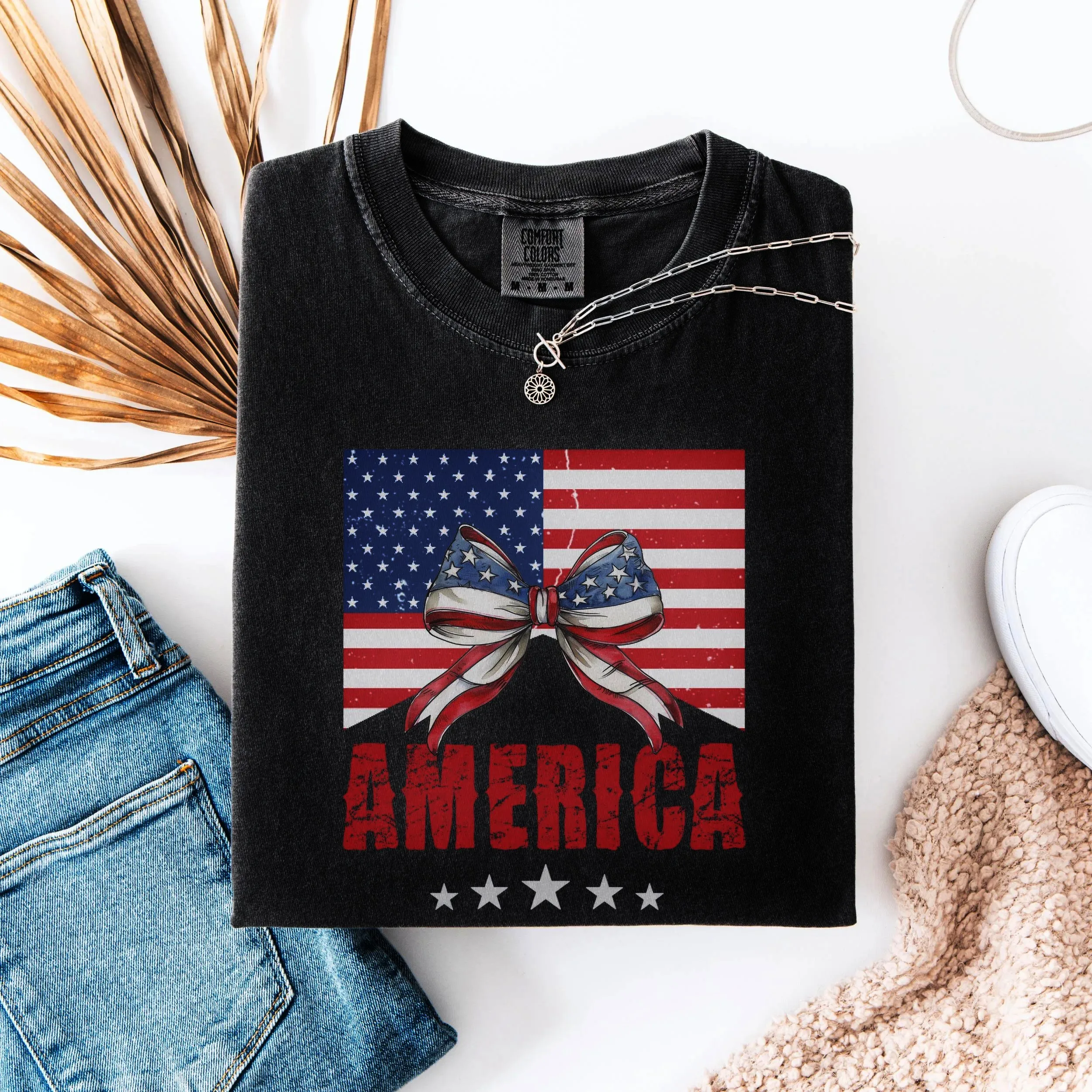 4th من يوليو Coquette القوس قميص العلم الأمريكي الولايات المتحدة الأمريكية المحملة الراحة الوطنية الألوان أعلى أحمر أبيض أزرق المرأة يوم الاستقلال تي شيرت