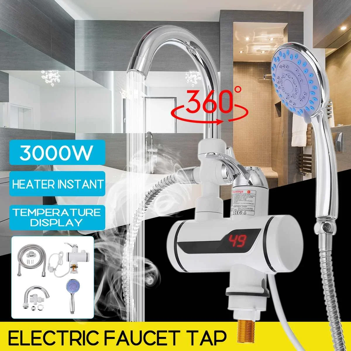 

2 Size Electric Kitchen Water Heater Tap Instant Hot Water Faucet Heater Cold Heating Faucet Tankless Instantaneous Water Heater