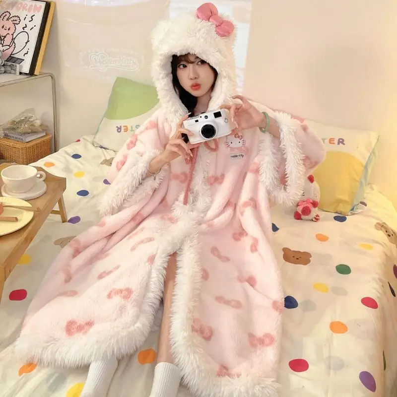 Cute Cartoon Hellokitty Pajamas Sleeping Robes Women's Autumn and Winter Coral Velvet Thickened and Velvet Cloak Home Clothes