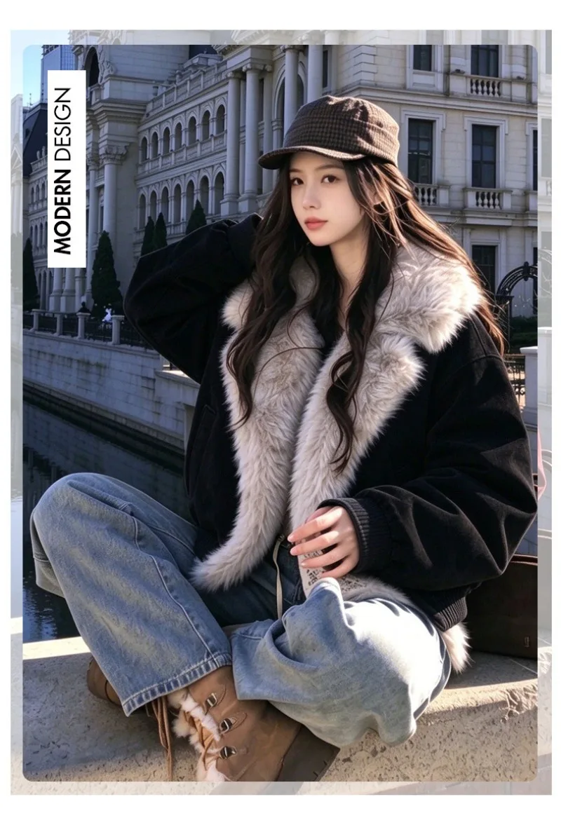 2026 Fashion Down Cotton-padded Jacket Women's Winter Coats Long Fur Collar Short Parkas Thicken Warm Streetwear Loose Outerwear
