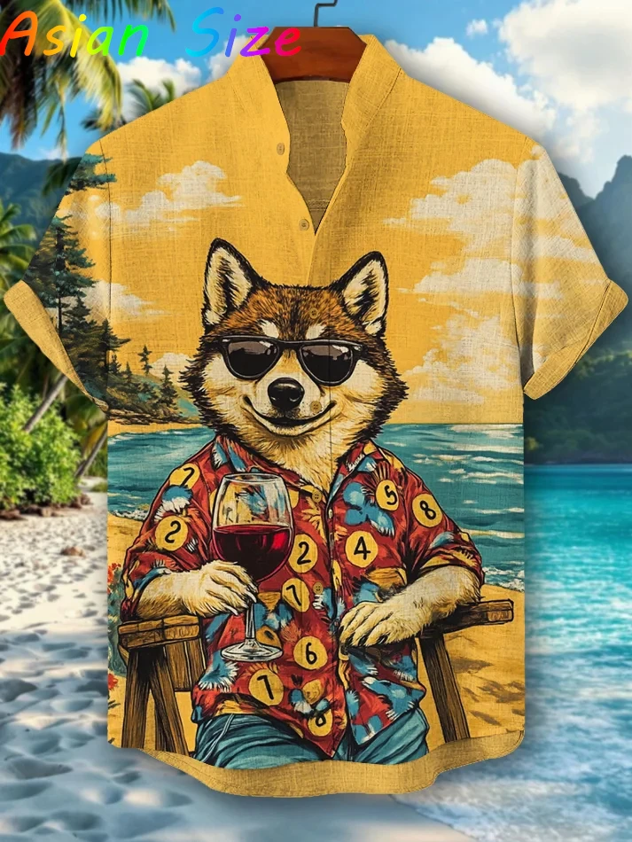 

Funny Hawaii Vacation Beach Sunbath Animal Graphic Shirt Vintage Button Down Shirts Cat Dog Blouses Beach Party Hawaiian Blouses