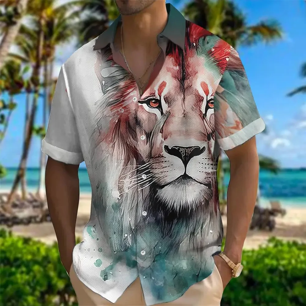 Camisa hawaiana con estampado 3D de animales para hombre y mujer, Camiseta holgada de manga corta con patrón de León, Top transpirable grande,