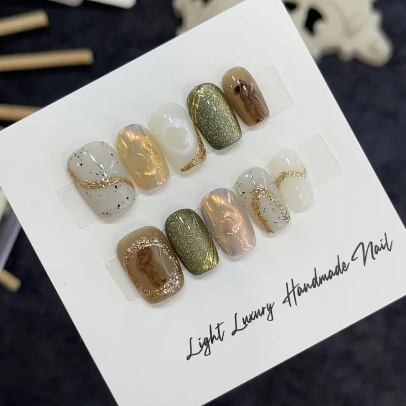 Imprensa curta feita à mão em unhas para mulheres glitter unhas falsas com cola outono e inverno meninas coreanas unhas falsas com caixa e ferramentas