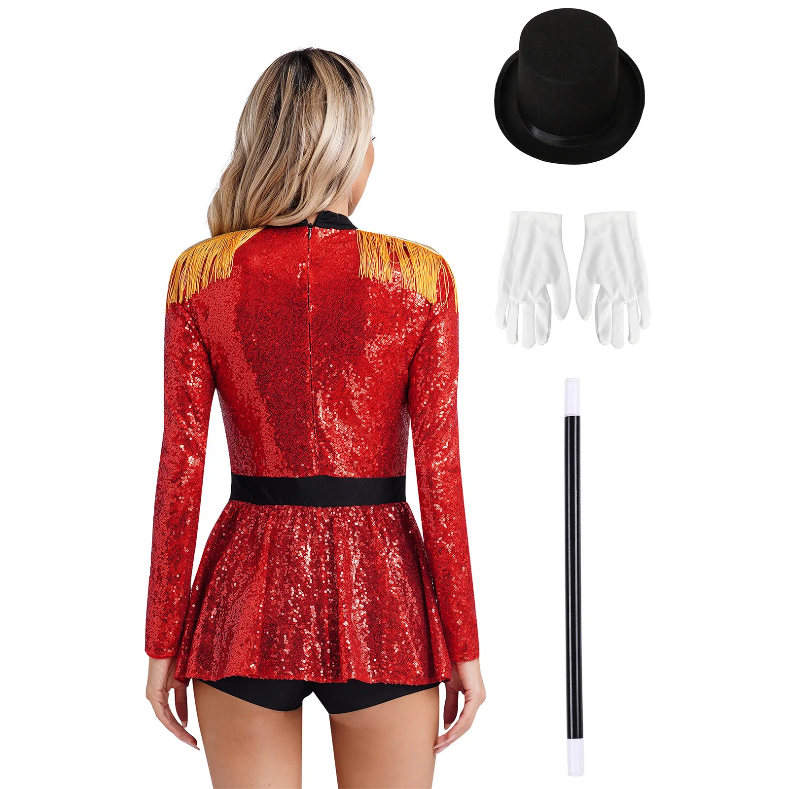 Womens Circus Ringmaster Magic Dress Up Costume Sequin Tassel Shoulder Boards Long Sleeve Bodysuit with Hat Wand Gloves Set