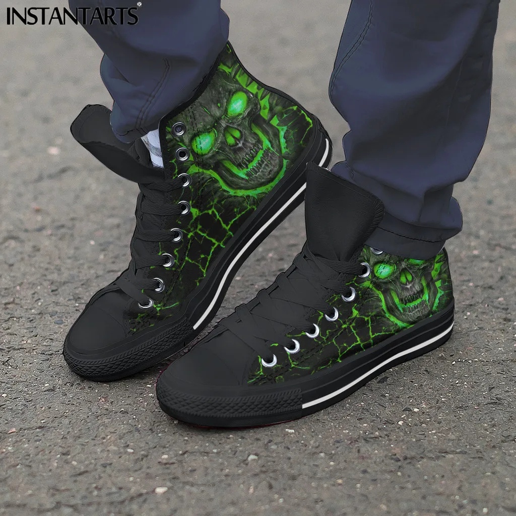 INSTANTARTS Canvas High Top Flat Shoes for Man Green 3D Lava Skull Print Casual Lace Up Sneakers for Male Comfort zapatos hombre