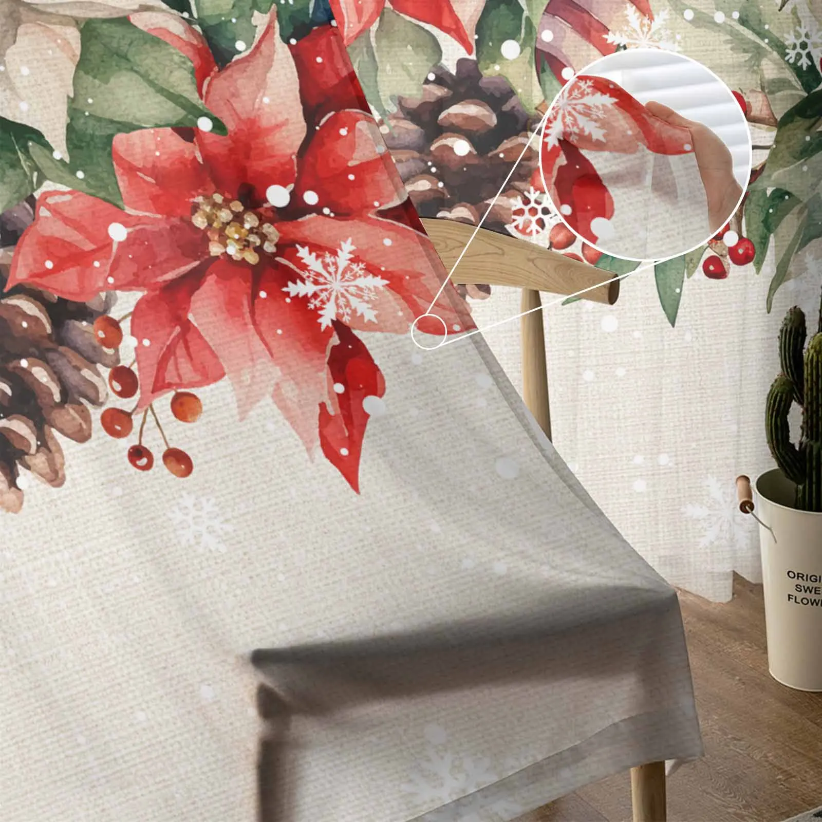 Christmas Poinsettia Berries Cedar Leaves Pine Cones Sheer Curtains Room Decoration Window Curtains Kitchen Tulle Voile Curtains