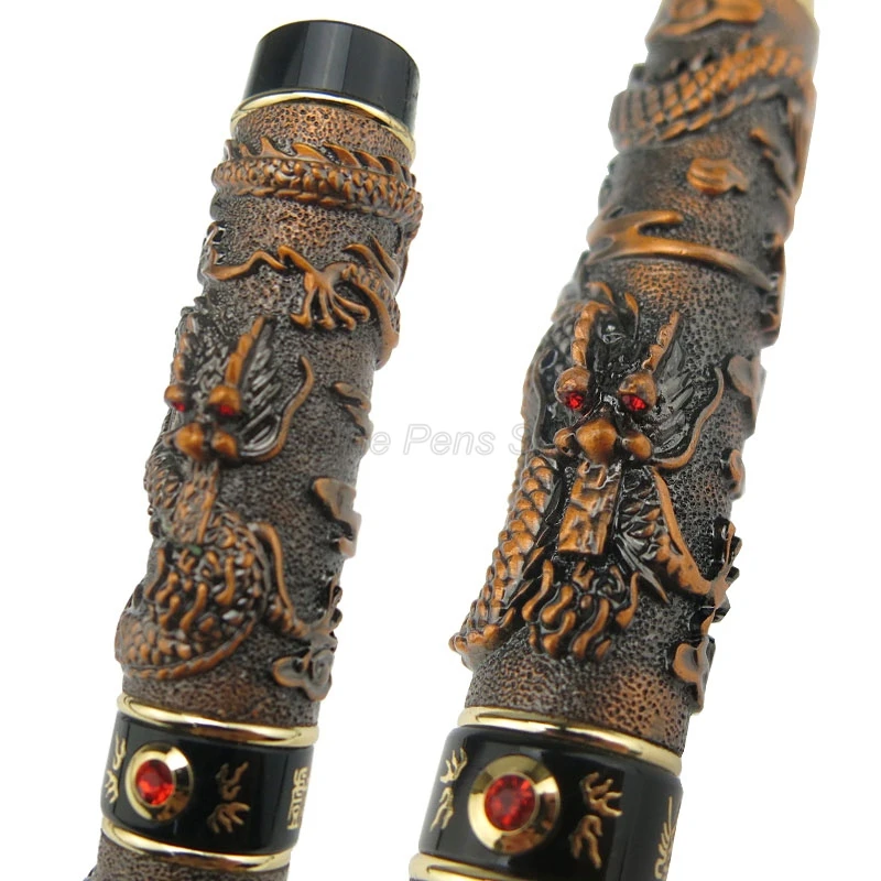 Jinhao Ancient Copper Double Dragon Playing Pearl Carving Embossing Roller Ball Pen With Gift Box Professional Office Stationery