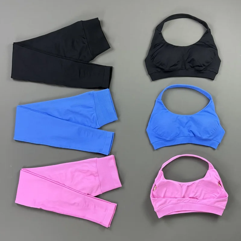 Women Gym Leggings Set Seamless Sports Halter Neck Bra and Tummy Control Scrunch Butt Leggings Suit Yoga Workout Clothing Sets