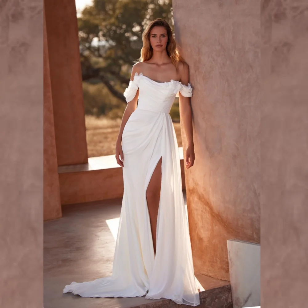 

Chiffon Flower Ruched A-line Off-the-shoulder Bespoke Occasion Gown Long Dresses Saudi Arabia Evening