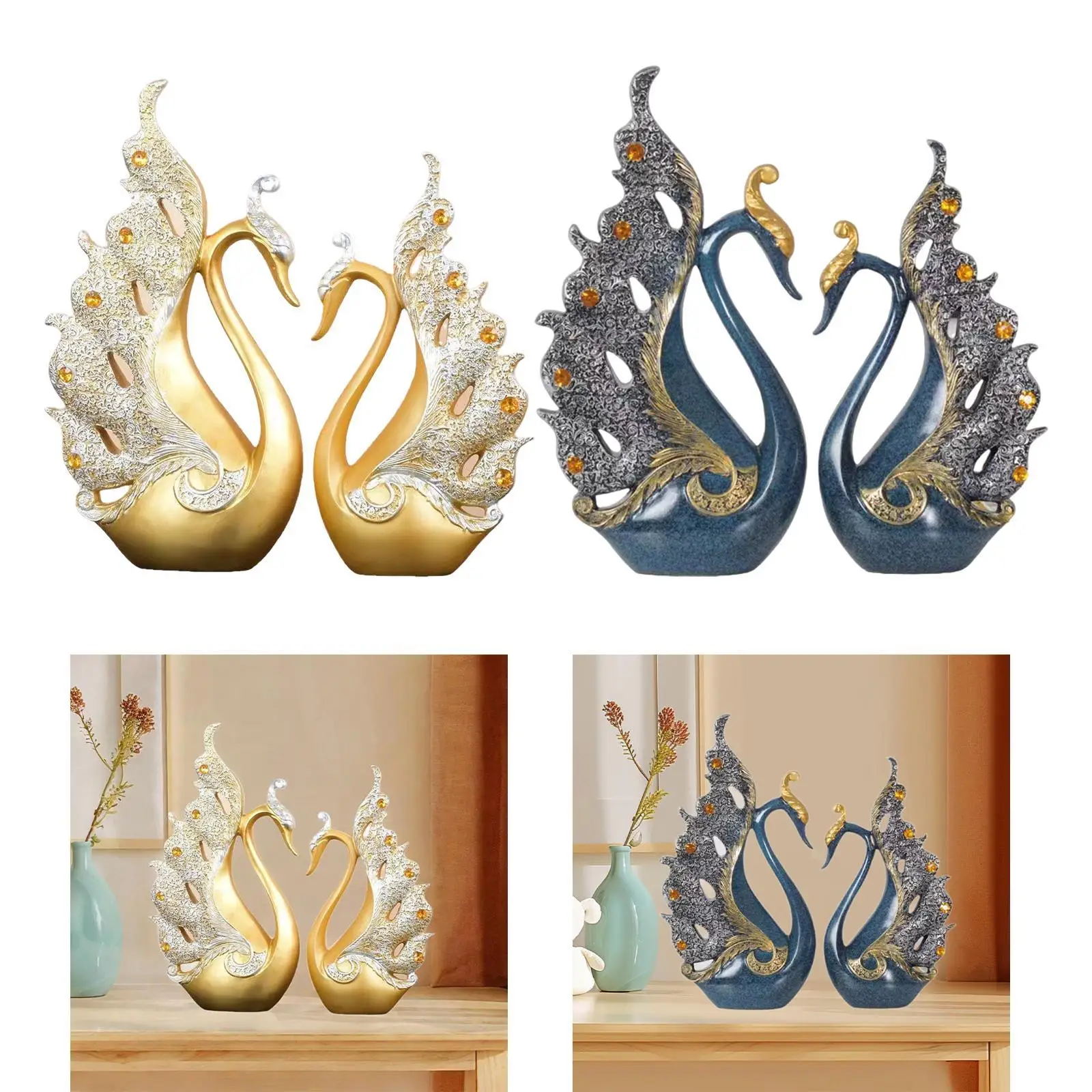 2Pcs Couple Swan Statue Table Wedding Anniversary Office Doll Statuette Bookshelf Wedding Decor Collection Bedroom Swan Figurine