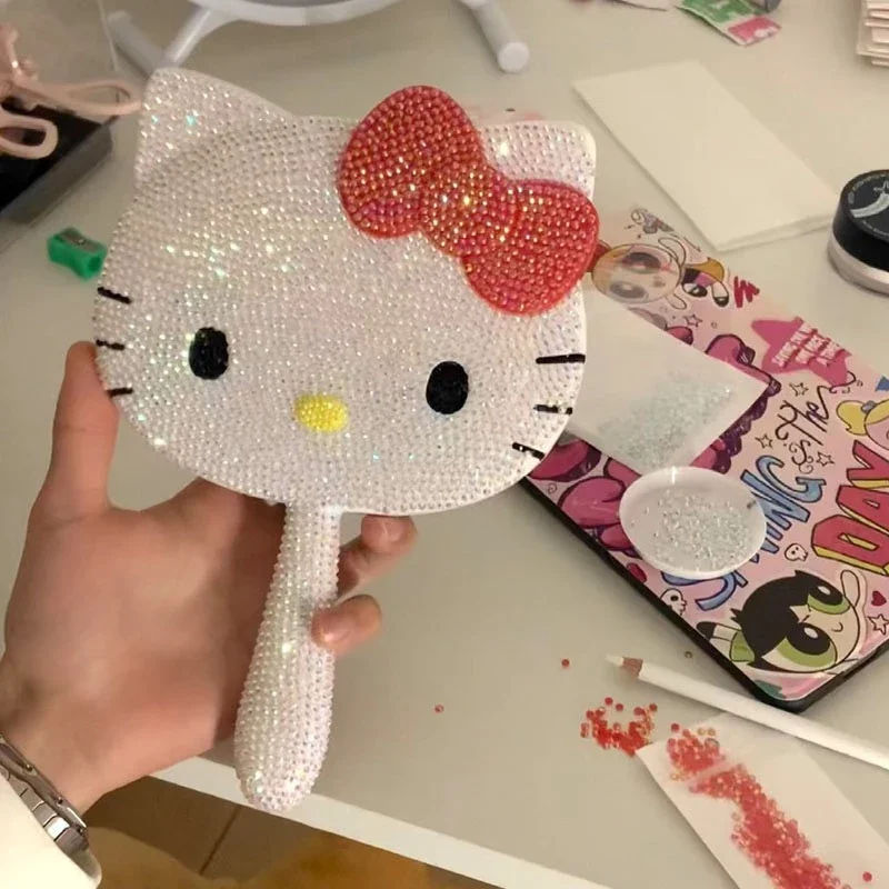 Hello Kitty Mirror DIY Sticking Diamond KT Cat Handheld Desktop Dormitory Handheld Makeup Mirror Portable Advanced Trendy Gift