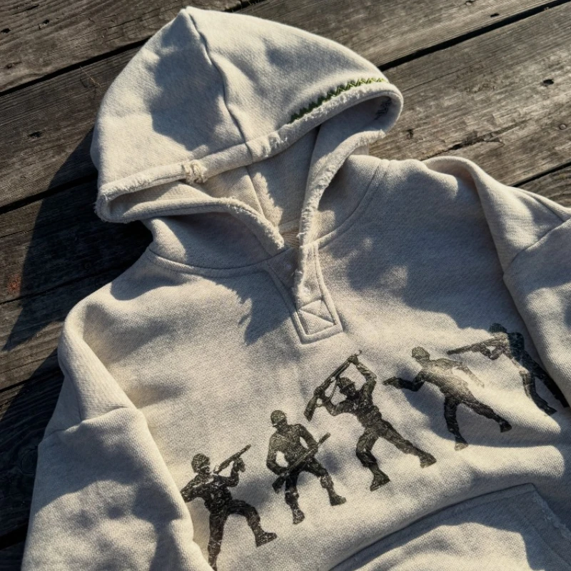 Y2K Retro Henley Hoodie Toy Soldiers Print Pattern Embroidery Sweatshirt Russian Trendy Streetwear Winter Unisex Boxy Clothing