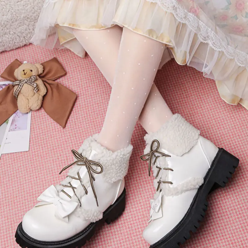 Girseaby สาวหวานข้อเท้ารองเท้าบูทรอบ Toe รองเท้าส้นสูง 4 ซม.ลูกไม้ Bowknot PLUS ขนาด 42 43 Casual Daily ผู้หญิงฤดูหนาว WARM Bota