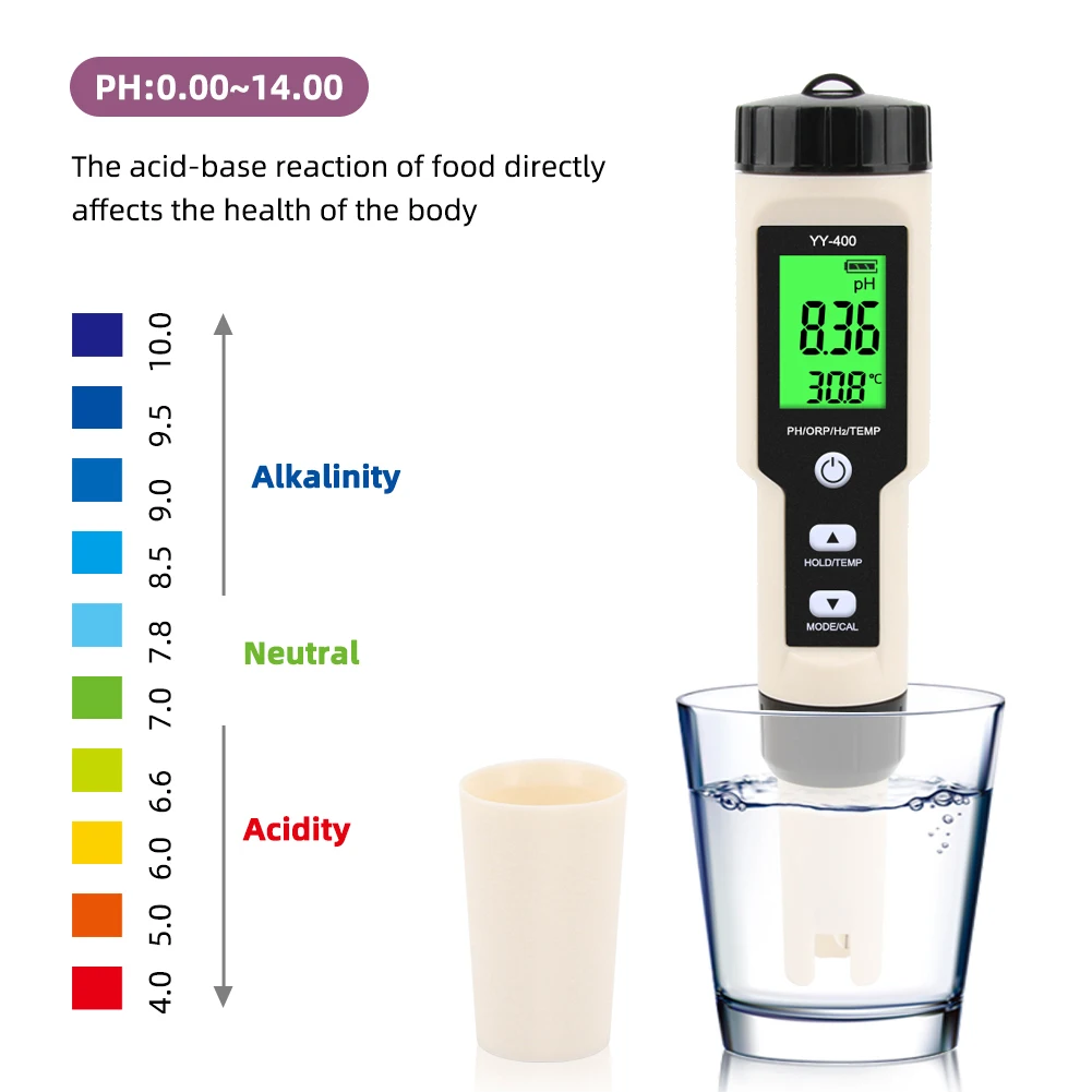 A39U 4 in 1 YY-400 PH/ORP/H2&TEM Meter Digital Hydrogen Ion Concentration Tester for Aquarium, Swimming Pool, Backlight